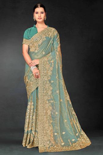 Dusty rama zari badla embroidery work silk blend saree