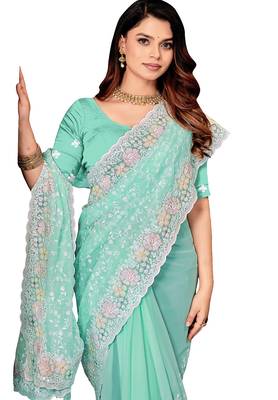 Sky blue resham sequins embroidery work georgette saree 5