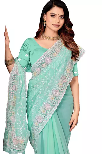 Sky blue resham sequins embroidery work georgette saree
