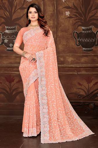 Peach resham sequins embroidery work georgette saree