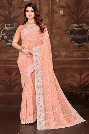 Peach resham sequins embroidery work georgette saree