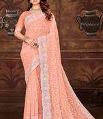 Peach resham sequins embroidery work georgette saree