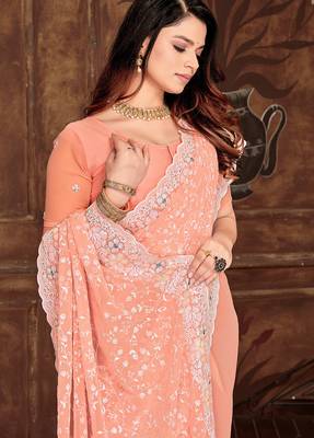 Peach resham sequins embroidery work georgette saree 3