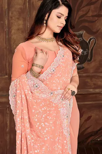 Peach resham sequins embroidery work georgette saree