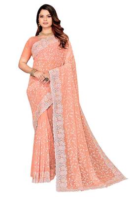 Peach resham sequins embroidery work georgette saree 4