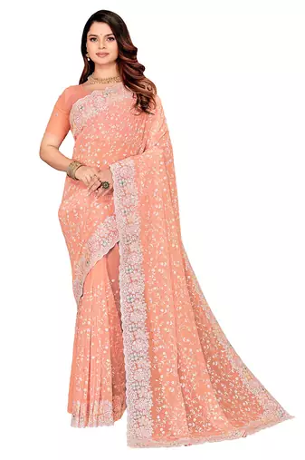 Peach resham sequins embroidery work georgette saree
