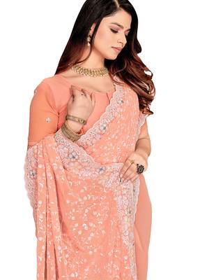 Peach resham sequins embroidery work georgette saree 5