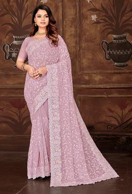 Lavender resham sequins embroidery work georgette saree 1