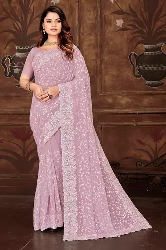 Lavender resham sequins embroidery work georgette saree