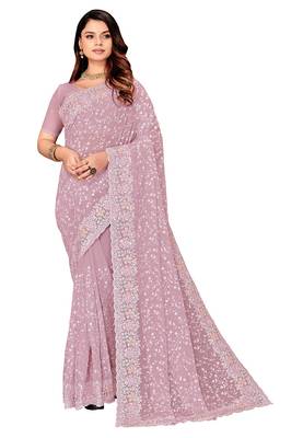 Lavender resham sequins embroidery work georgette saree 4