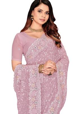 Lavender resham sequins embroidery work georgette saree 5