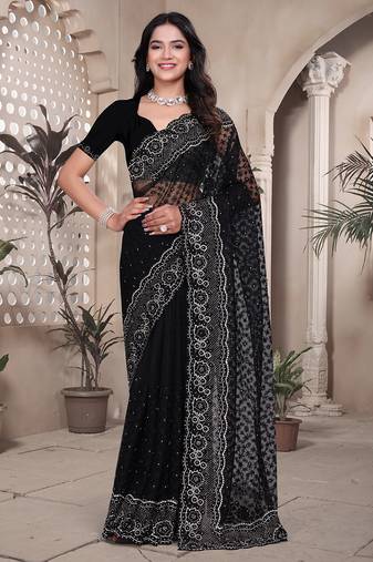 Black resham badla zari embroidery work net saree