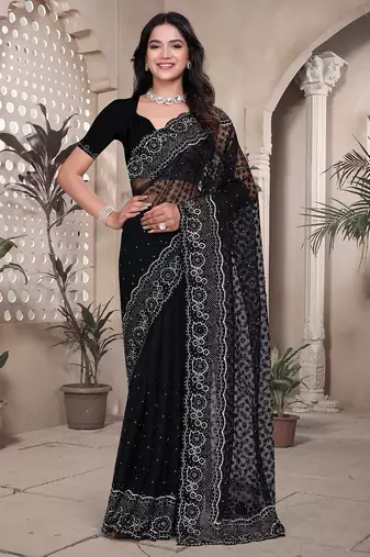 Black resham badla zari embroidery work net saree