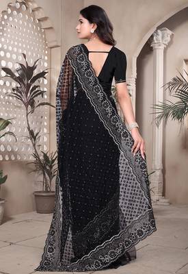 Black resham badla zari embroidery work net saree 2
