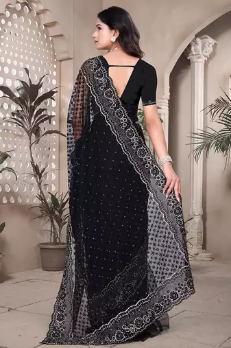 Black resham badla zari embroidery work net saree
