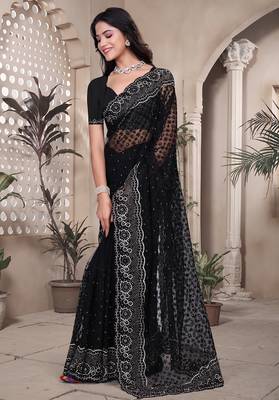 Black resham badla zari embroidery work net saree 3