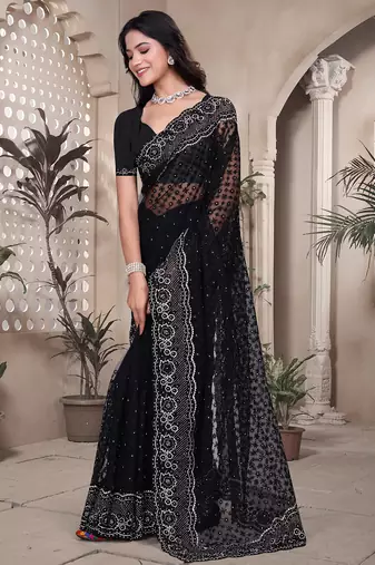 Black resham badla zari embroidery work net saree