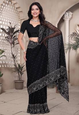 Black resham badla zari embroidery work net saree 4