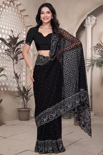 Black resham badla zari embroidery work net saree