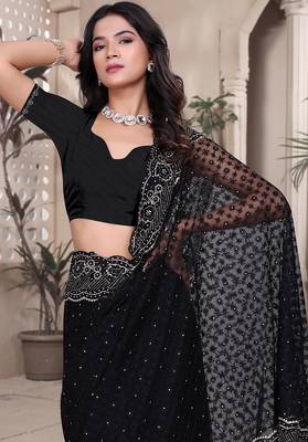 Black resham badla zari embroidery work net saree 5