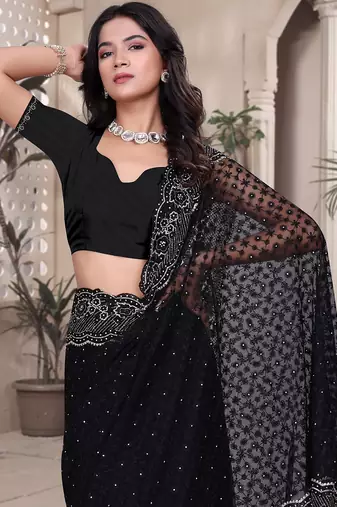 Black resham badla zari embroidery work net saree