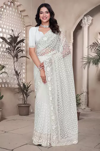 White resham badla zari embroidery work net saree