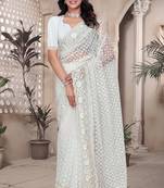 White resham badla zari embroidery work net saree