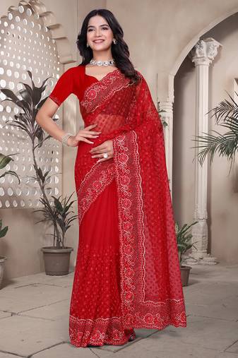 Red resham badla zari embroidery work net saree