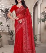 Red resham badla zari embroidery work net saree