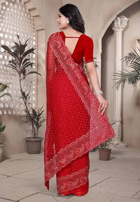 Red resham badla zari embroidery work net saree 2