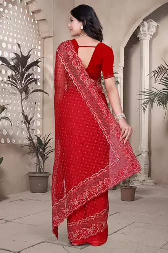 Red resham badla zari embroidery work net saree