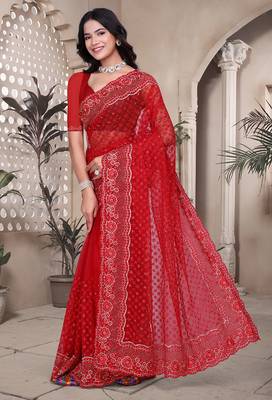 Red resham badla zari embroidery work net saree 3