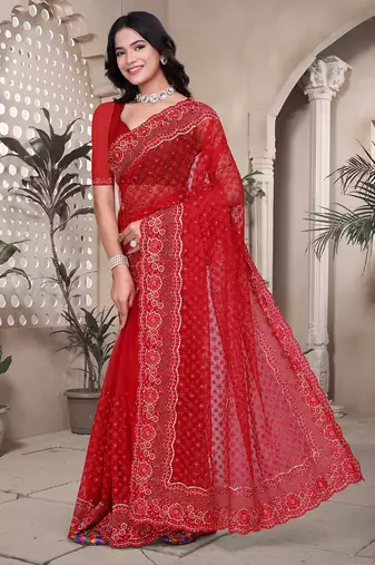 Red resham badla zari embroidery work net saree