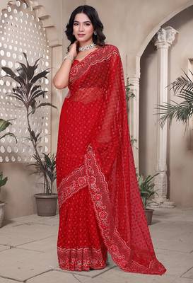 Red resham badla zari embroidery work net saree 4
