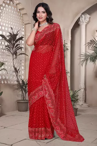 Red resham badla zari embroidery work net saree