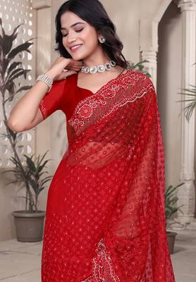 Red resham badla zari embroidery work net saree 5
