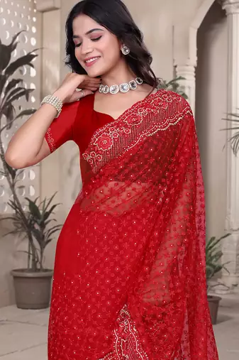 Red resham badla zari embroidery work net saree