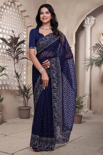 Navy blue resham badla zari embroidery work net saree
