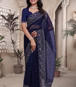 Navy blue resham badla zari embroidery work net saree