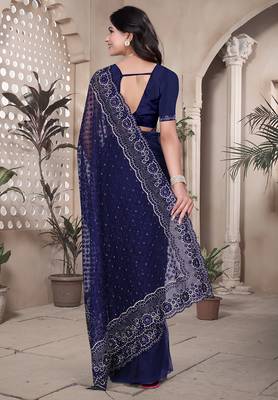 Navy blue resham badla zari embroidery work net saree 2