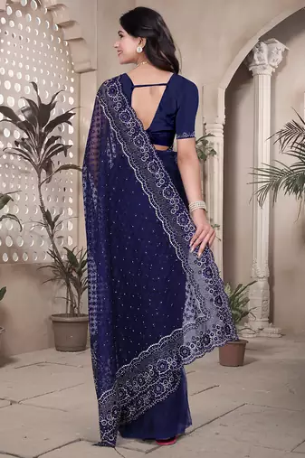 Navy blue resham badla zari embroidery work net saree
