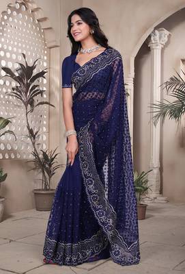 Navy blue resham badla zari embroidery work net saree 3