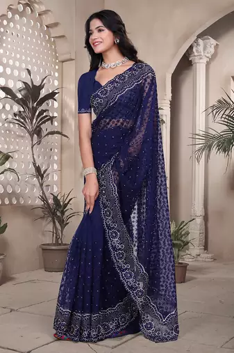 Navy blue resham badla zari embroidery work net saree