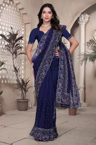 Navy blue resham badla zari embroidery work net saree