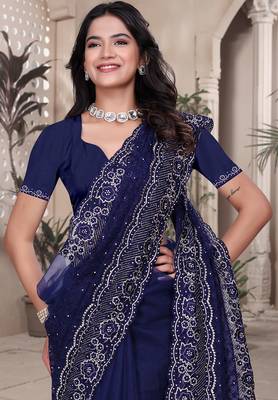 Navy blue resham badla zari embroidery work net saree 5