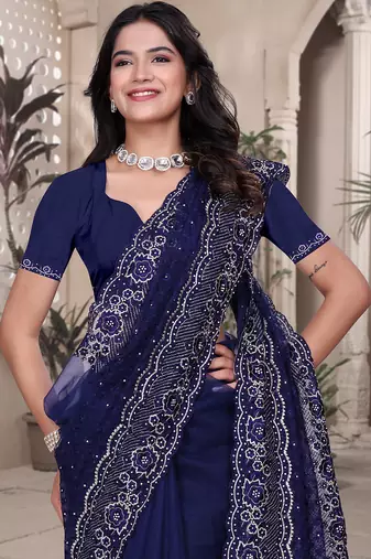 Navy blue resham badla zari embroidery work net saree