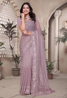 Lavender resham badla zari embroidery work net saree 1