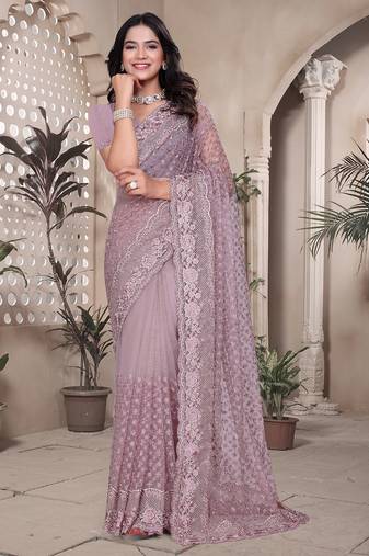 Lavender resham badla zari embroidery work net saree