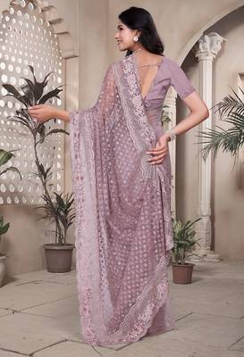 Lavender resham badla zari embroidery work net saree 2