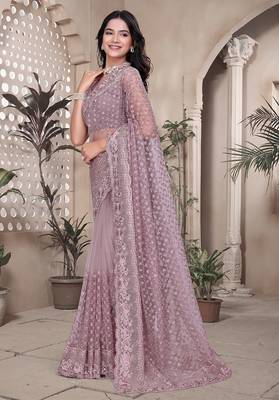 Lavender resham badla zari embroidery work net saree 3